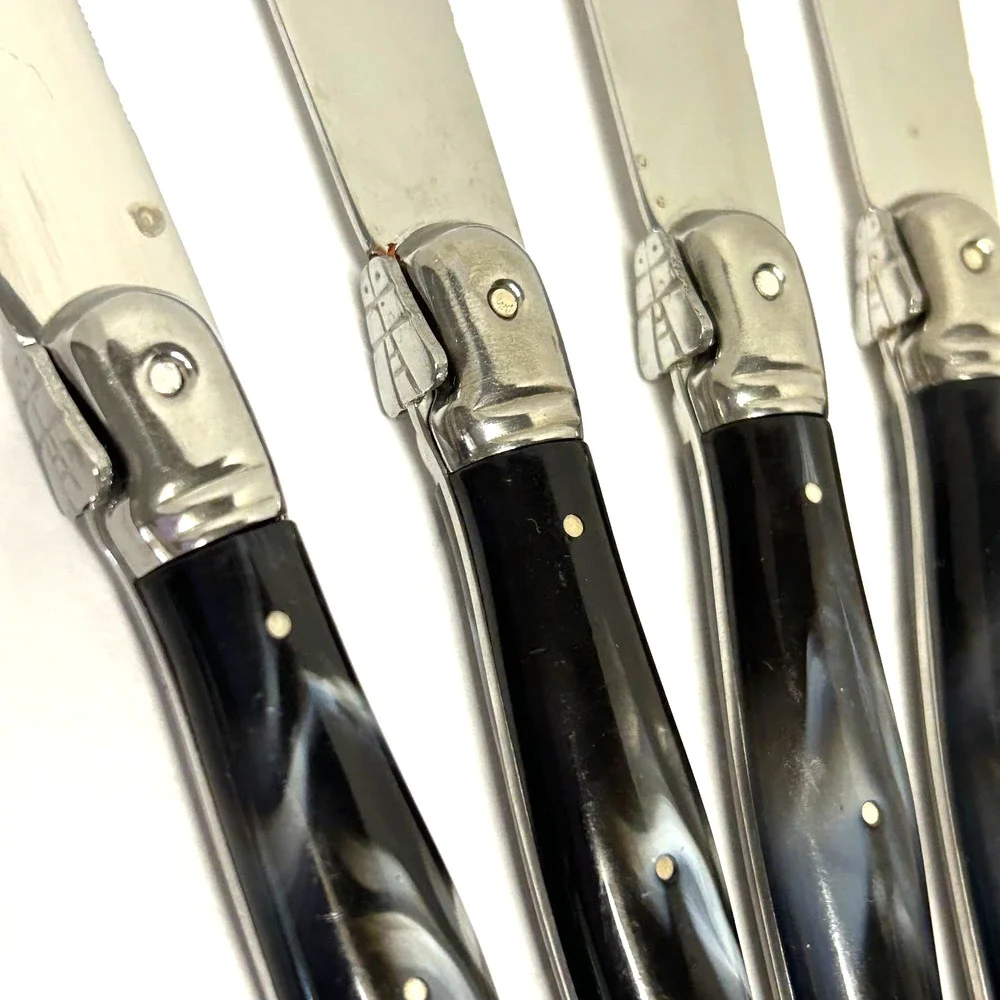Vintage Crofton Black Marbled Bumble Bee Serrated Steel Steak Knives 9